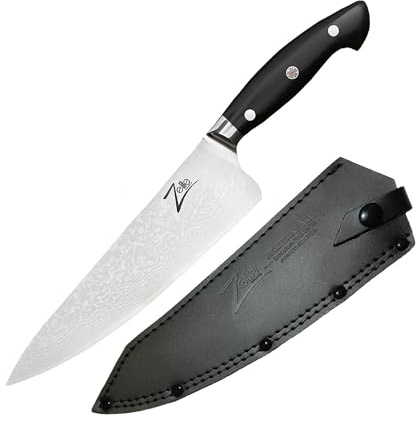 Zelite Infinity Küchenmesser 20 cm – Executive-Plus-Serie – 67-lagiges Damastmesser aus Japanischem VG-10 Super-Stahl – mit Tiefer 56mm Schneide und Lederscheide