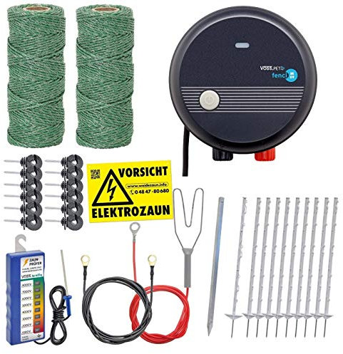 Hundezaun Komplettset 50m Elektrozaun, ideal für Einzäunungen in Ihrem Garten, mit umfangreichem Zubehör, anschlussfertig mit 200m grüner Weidezaunlitze und Zaunprüfer, 10 weiße Pfähle 105cm
