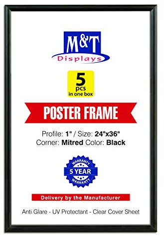 M&T Displays Snap Poster Frame 24x36 Inch Black 1 Aluminum Profile Front Loading Wall Mounting Photo Picture Document Certificate Sign Holder Mitered Corner Anti Glare Cover (5 pack)