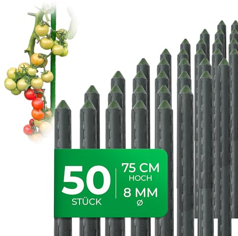 Novatool 50 Stück kleine Pflanzstäbe 75cm grün 8mm stabil Metallrohr kunststoffummantelt Rankstäbe für Pflanzen Rankhilfe Gurken Tomatenstäbe für Kletterpflanzen Rankstab Pflanzstab 75 cm