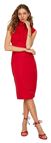 TRENDYOL delle Signore Dritto Manica Midi Giorno Notte Sottile Abito Dress, Colore: Rosso, 42