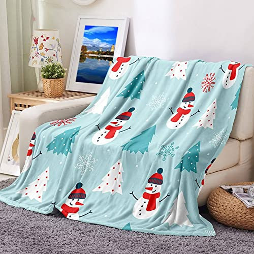 Stfery Fleecedecke Groß, Blanket Red Flanell Hellblau Kuscheldecke Schneemann-Baum-Schneeflocken Flanelldecke 180x220CM Wohndecke Sofa Bett