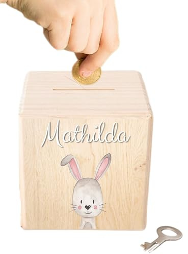 wunderwunsch - Personalisierte Spardose Kinder aus Holz mit Metallschloss - Spardose mit Namen mit 3D Acryl-Schrift zum Sparen für Kinderträume