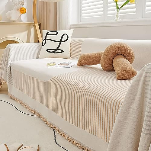 Daesar Sofaüberwurf rutschfest 180x260CM, Couchbezug Chenille Khaki Gestreift mit Quasten Sofabezug Ecksofa 2 Sitzer Universal Sofa Überzug