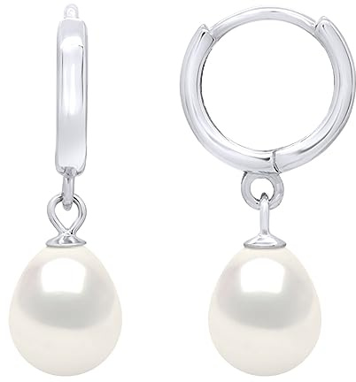 PEARLS & COLORS - Boucles d'Oreilles Créoles - Véritables Perles de Culture d'Eau Douce Poires 8-9 mm - Coloris Blanc Naturel - Argent 925 - Bijou Femme