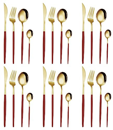 Couverts de Table en Acier Inoxydable, Lot de 24 Ensemble d'ustensiles Avec Couteau à Steak, Fourchette et Cuillère, Set de Couverts pour 6 Personnes avec Boîte, Cadeau de Noël (Or Rouge)