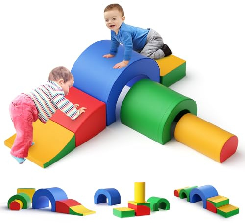 Lischwert Jouets d'escalade,Mousse Blocs de Construction Jouets éducatifs, Parcours motricité bébé 5 Briques géantes en Mousse Jeu de Construction de châteaupour Tout-Petits Bébé 1 Ans+, Multicolore
