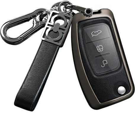 ontto Autoschlüssel Hülle Passt für Ford Fiesta Focus Mondeo Falcon B-Max C-Max S-Max Eco Sport Galaxy Territory Metall Leder Fernbedienung Cover Schlüsselhülle Schlüssel Schutz Etui-Schwarz