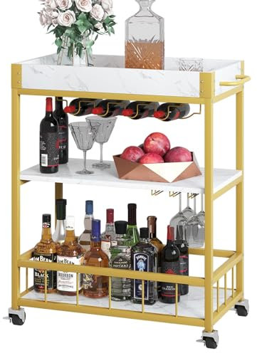 Huhote Carrello da servizio, carrello da cucina, carrello da bar con ruote, carrello per vino con portabottiglie, 3 piani, carrello per bevande per soggiorno, sala da pranzo, cucina, bar, festa, marmo