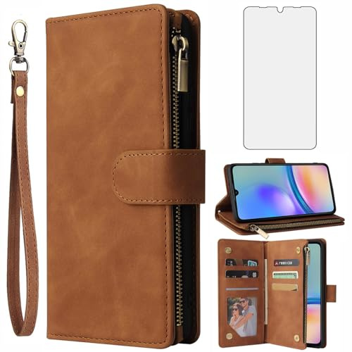 Asuwish Coque pour Samsung Galaxy A05s/A05 Portefeuille avec Verre Trempé et Porte Carte Chaine PU Cuir à Clapet Étui Housse Support Ao5s Ao5 A 05s 05 Protection Téléphone Case Femme Homme Marron