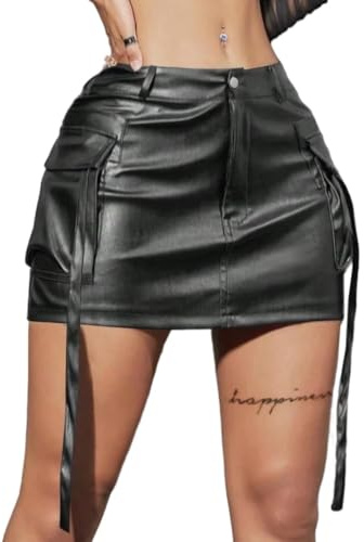 Avanova Women Cargo Faux Leather Mini Skirt Low Rise Pockets Bodycon Sexy Short Skirt Black Medium