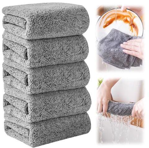 Lot de 5 chiffons de nettoyage en microfibre au charbon de bambou ; torchon à vaisselle ; chiffon à récurer ; chiffon de cuisine ; chiffon de nettoyage pour enlever la poussière ; chiffon de nettoyage