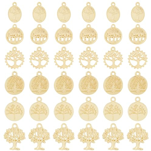 HOBBIESAY 48 ciondoli a forma di albero della vita, 6 stili, piatti, rotondi, ovali, con anello in lega, per collane, bracciali, pendenti, accessori dorati per gioielli e forniture artigianali