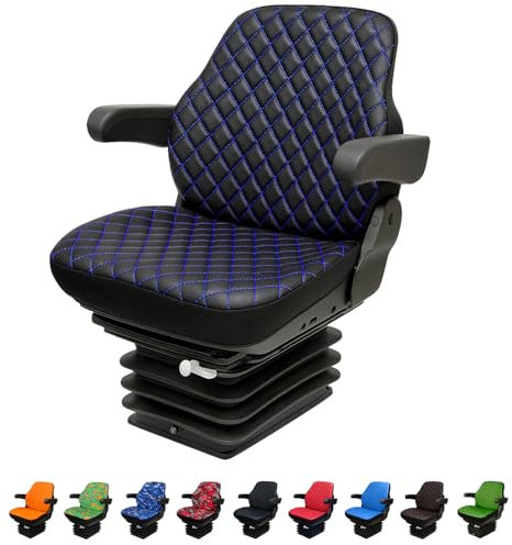 Binbir Trend Strapazierfähiger Traktorsitzbezug für Schranktraktoren ohne Kopfstütze, Gabelstapler-Sitzbezug, Camuflage-Muster, 8 Farben (schwarzes Leder – Blaue Nähte)