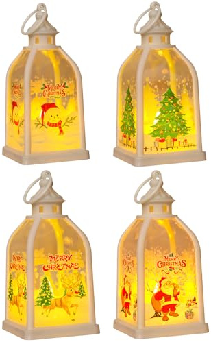4 Stück Weihnachtsdeko Laterne mit LED Licht, Batteriebetrieben, Weihnachten Deko Beleuchtete Windlicht, Weihnachts Windlichthalter, Weihnachtsdekoration Nachtlicht Innen für Wohnzimmer Tischdek