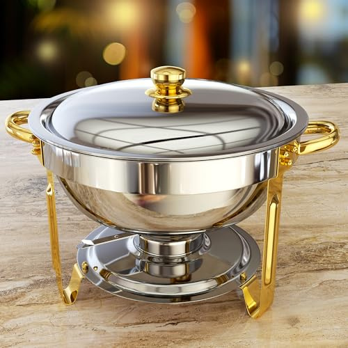 Chafing Dishes for Buffet, 1 Pack, 5QT Round Chafing Dish Buffet Set [Elegant Gold and Silver Colors] Stainless Steel Buffet Food Warmers Sets for Catering Events Parties Dinners with Complete Set