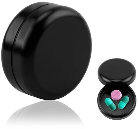 eModwey Contenitore di metallo resistente, ermetico, impermeabile, diametro 52 x 25 mm, Protezione UV, Ideale per Conservare Pillole, Erbe e Spezie, Design Elegante in Alluminio Anodizzato - Nero
