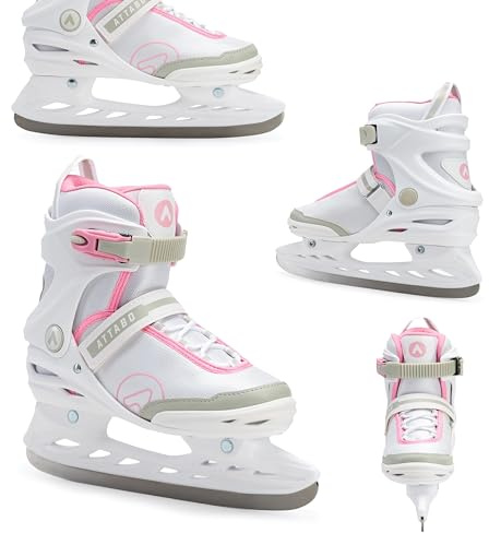 ATTABO Freizeit Schlittschuhe Damen TORA Weiß Größe 37 EU Anfänger Schlittschuhe Schnalle und Klettverschluss Starker Knöchelschutz Langlebige Edelstahlkufe Elegant und Klassisch