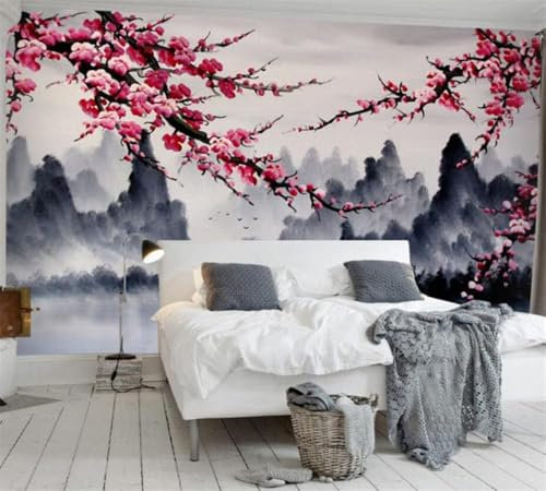 Red Plum Blossom Abstract Ink Mountain Peak River Boat 3D Wallpaper Home Study Office Dining Room Sofa Bedroom Living Room TV Backdrop-430cm×300cm