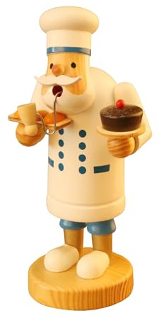 PIONEER-EFFORT Deutsche Räucherfigur aus Holz, 19,1 cm – handgefertigter Bäcker mit Kaffeetasse und Kuchen-Design, rustikale Weihnachtstischdekoration für Zuhause oder Café