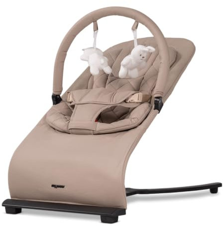 my junior® Motion Bouncer, Ergonomische Babywippe mit Spielbügel, neue Hands-Free-Comfort Technik, 3 Fach-Verstellbar, klappbar, 100% Baumwolle - Kangaroo Beige