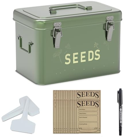 Orionstar Organizador de almacenamiento de semillas, caja de metal con tapa, contenedor de semillas con 30 etiquetas de plantas, 30 sobres de semillas, 1 rotulador, caja de 3 compartimentos con