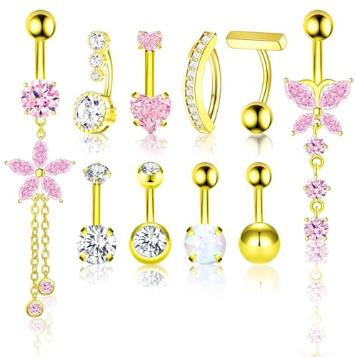 Yamobi Navel piercing set med 10 st gyllene navelringar navelpiercing kirurgiskt stål blomma hänge gåva för kvinnor smycken, XL, Plast