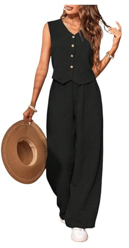 GORGLITTER Women's 2 Piece Co Ord Sets Button V Neck Sleeveless Blouse Long Pants Lounge Wear Casual Outfits Holiday Clothes Black M
