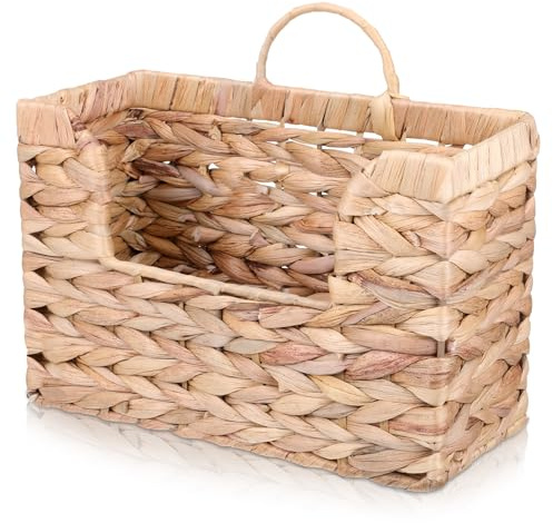WLLHYF Woven Hanging Magazine Holder Water Hyacinth Storage Basket Wall Mounted Wicker Organizer Boho Modern Farmhouse Book Rack with Handle File Newspaper Mail Holder for Home Office