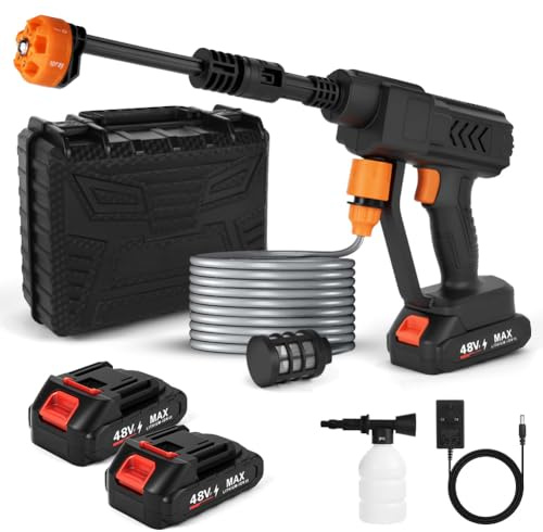 AOOSU Cordless Pressure Washer, Portable 6 in 1 Rechargeable Battery Pressure Washer, Cordless Jet Wash with 5M Hose with 2 Battery for Patio and Car, Floor Garden Cleaning