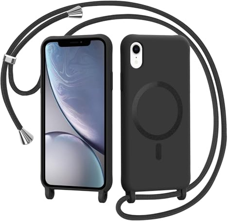 AOMYKE Handyband für iPhone XR Hülle mit Band, Magnetisch Handyhülle kompatibel mit Magsafe zum Umhängen Schutzhülle mit Kette Kordel Weich TPU Liquid Silikon Case，Schwarz