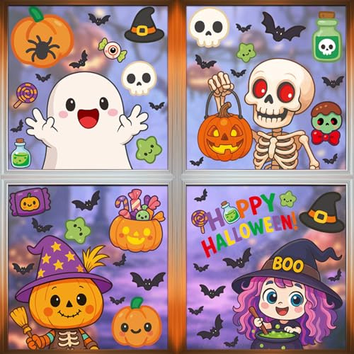 Koboko 4 Blatt Halloween Fensterbilder Kinder, Halloween Fensterdeko Deko Party, Niedliche Doppelseitig Aufkleber Kürbis Deko Fenstersticker, Hexen Geister Deko Innen Fensterbilder für Kinder Party