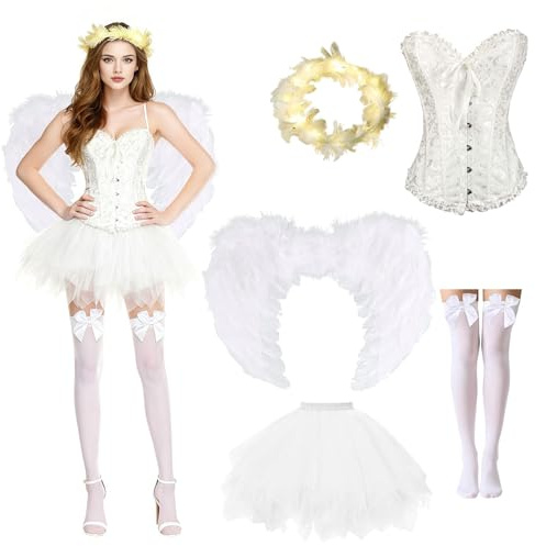 Jiahuade Disfraz de ángel para mujer, 5 unidades de alas de ángel con halo, alas de ángel y diablo, disfraz de alas de ángel, disfraz para mujer, para Halloween, carnaval, cosplay, fiesta de disfraces