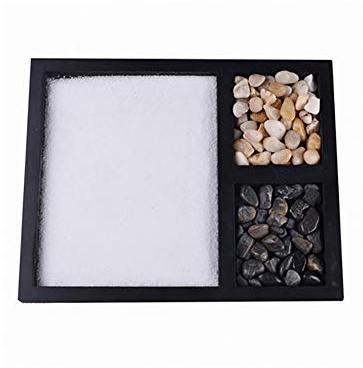 ZJchao Mini Meditation Sand Table Decoration Sensory Soothing Relaxation Desk Zen Garden with Rake Sand Rocks for Home Office Decor Size 21.5x17x1.2cm MDF Material (Black)