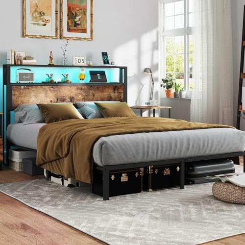 Lit 160 x 200 avec Sommier Métal, Lit 2 Personnes avec Tête de Lit, Éclairage LED et Double Rangement​, Cadre de lit 160x200cm Solide, Assemblage Facile, sans Grincement ​​(sans Prise de Charge)