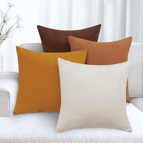 KENOBE Fundas para Almohadones, 4 Piezas 40x40 cm Funda de Cojines de Corduroy Súper Suave Cojin de Pana a Rayas para Cojin Sofa Cama Salon de Estar Dormitorio Sillas Jardin Habitación, Serie Marrón