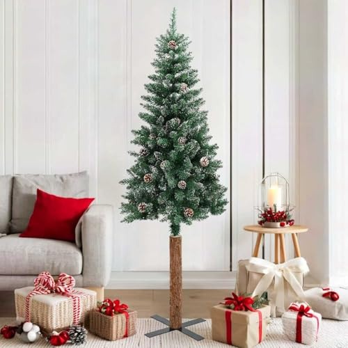 Albero di Natale sottile 180 cm con vero legno e neve verde - Abete realistico in PVC, legno di pino e acciaio per interni ed esterni - Durevole