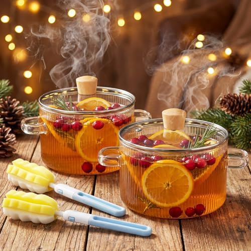 Zhehao 2 Pcs Glass Pots for Cooking on Stove 60 oz and 54 oz Clear Simmer Pots with Cover and Brush Heat Resistant Borosilicate Glass Cookware Saucepan for Potpourri, Soup, Milk