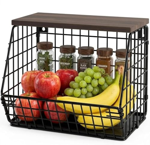 Obstkorb, Hängend Obstschale,Hängekörbe Küche, Metall-Gemüsekörbe, Küchenkörbe, Aufbewahrung Wand Stapelbar,mit Holzdeckel und Schrauben,zur Snack und Obst,Aufbewahrung Von Gemüse,Schwarz