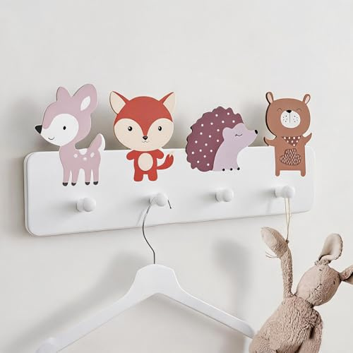 Perchero infantil de metal, perchero infantil con 4 ganchos, perchero de 40 x 20 cm, perchero de colores para niños con bonitos motivos de animales, perchero para habitación infantil, color blanco
