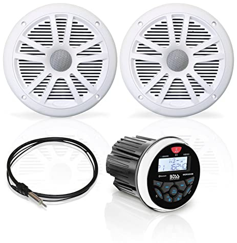 Boss Audio Systems MCKGB350W. 6 Marine-Gauge System with In-Dash Mechless AM/FM Receiver, Speakers & Antenna (White Speakers)
