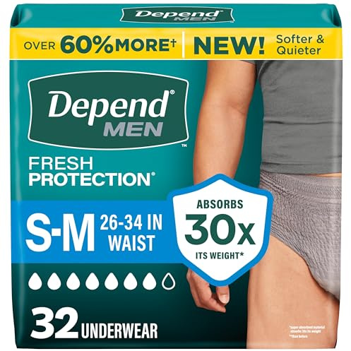 Depend Fresh Protection Adult Diapers, Incontinence Underwear for Men, Disposable, Maximum, Small/Medium, Grey, 32 Count, Packaging May Vary