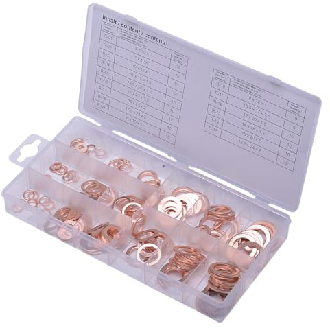 SW-Stahl S8052 Kupfer-Dichtringsatz 150-teilig - Kupferdichtringe Set | Sortiment aus Kupferringen in 15 Größen - 1 mm bis 2 mm Stärke - Inklusive praktischer Aufbewahrungskassette