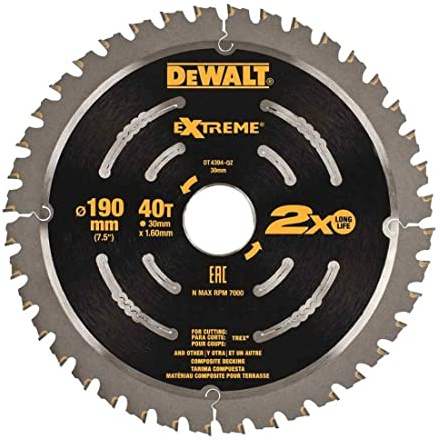 Dewalt DT4394-QZ Lame de scie circulaire portative Extreme, 190x30mm, 40 dents, Terasses, Pour la coupe du bois tendre et laminés