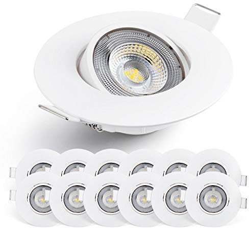EMOS LED Einbaustrahler 230V, 5W / 450lm, 50° schwenkbar, kaltweiß 6500k (Tageslichtweiß) | Einbaustrahler Spot flach 68mm Lochmaß | Set mit 12 Stück LED Spots 230V, rund (Farbe weiß)