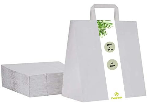 DeinPack 25 Papier Tragetaschen 26 x 17 x 26 cm weiß I Umweltschonende Papiertüten Geschenktüten Papiertragetaschen biologisch abbaubar, kompostierbar I weiß Papier Tüten