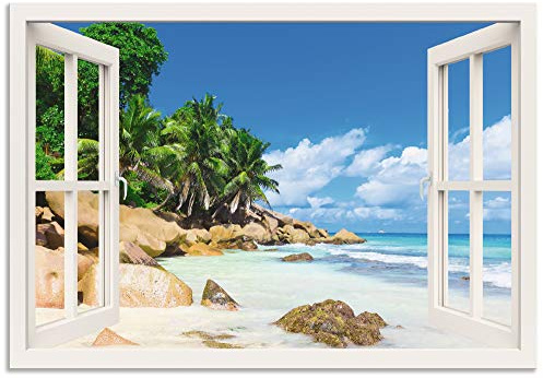 ARTland Wanddeko Wandbild Alu Verbundplatte für Innen & Outdoor Bild 130x90 cm Querformat Fensterblick Strand Karibik Meer Palmen Südsee Natur U1UC