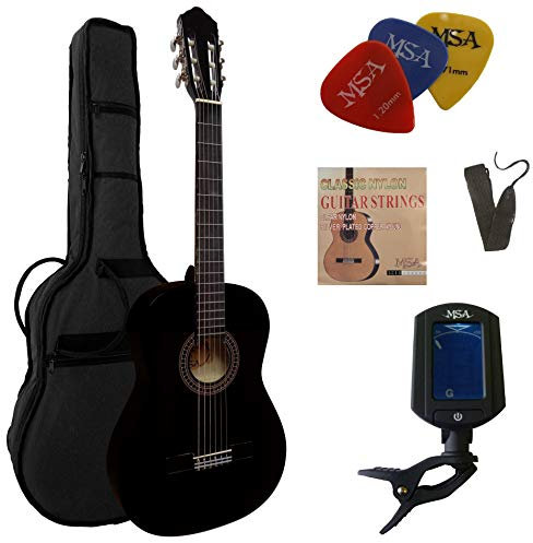4/4 GITARRE - KONZERTGITARRE IM SET - CLASSIC - SCHWARZ BLACK- DECKE LINDE - STIMMGERÄT - TASCHE - BAND - NYLONSAITEN - 3xPIKS