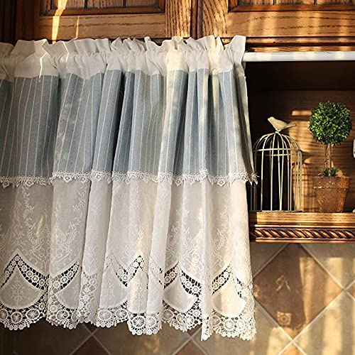 A.Monamour Gardine Scheibengardinen Kurzstores Vintage Rustikales Bauernhaus Mediterraner Stil Blau Gestreifter Stoff Weiße Spitzenstickerei Vorhang Fensterbehandlung Volants Küchenvorhang 130X53Cm