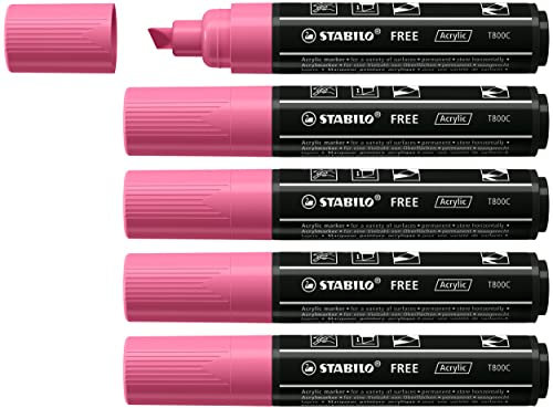 STABILO FREE Acrylic - Marker acrilico - T800C Punta a scalpello 4-10mm - Confezione da 5 - Rosa